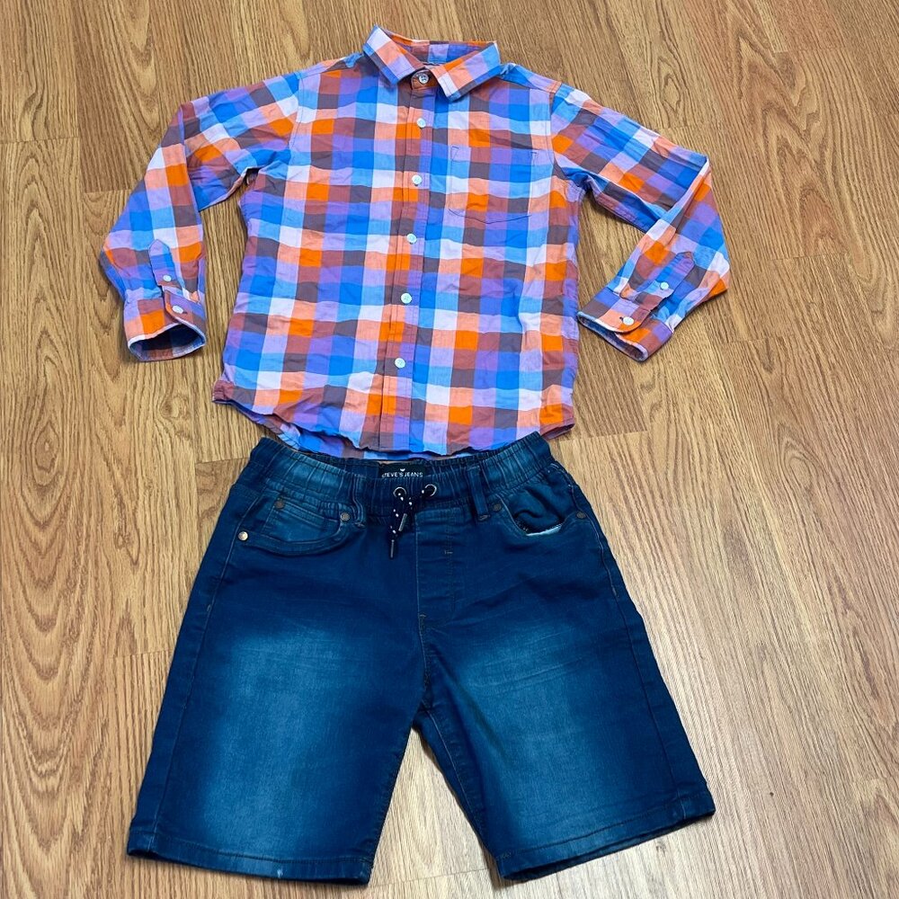 boys outfit set size 8-10 plaid button down shirt and steve,s jeans shorts read!